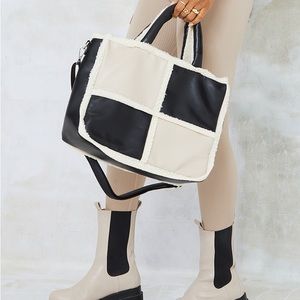 NWT Pretty Little Thing Black Monochrome Borg Trim Tote Bag